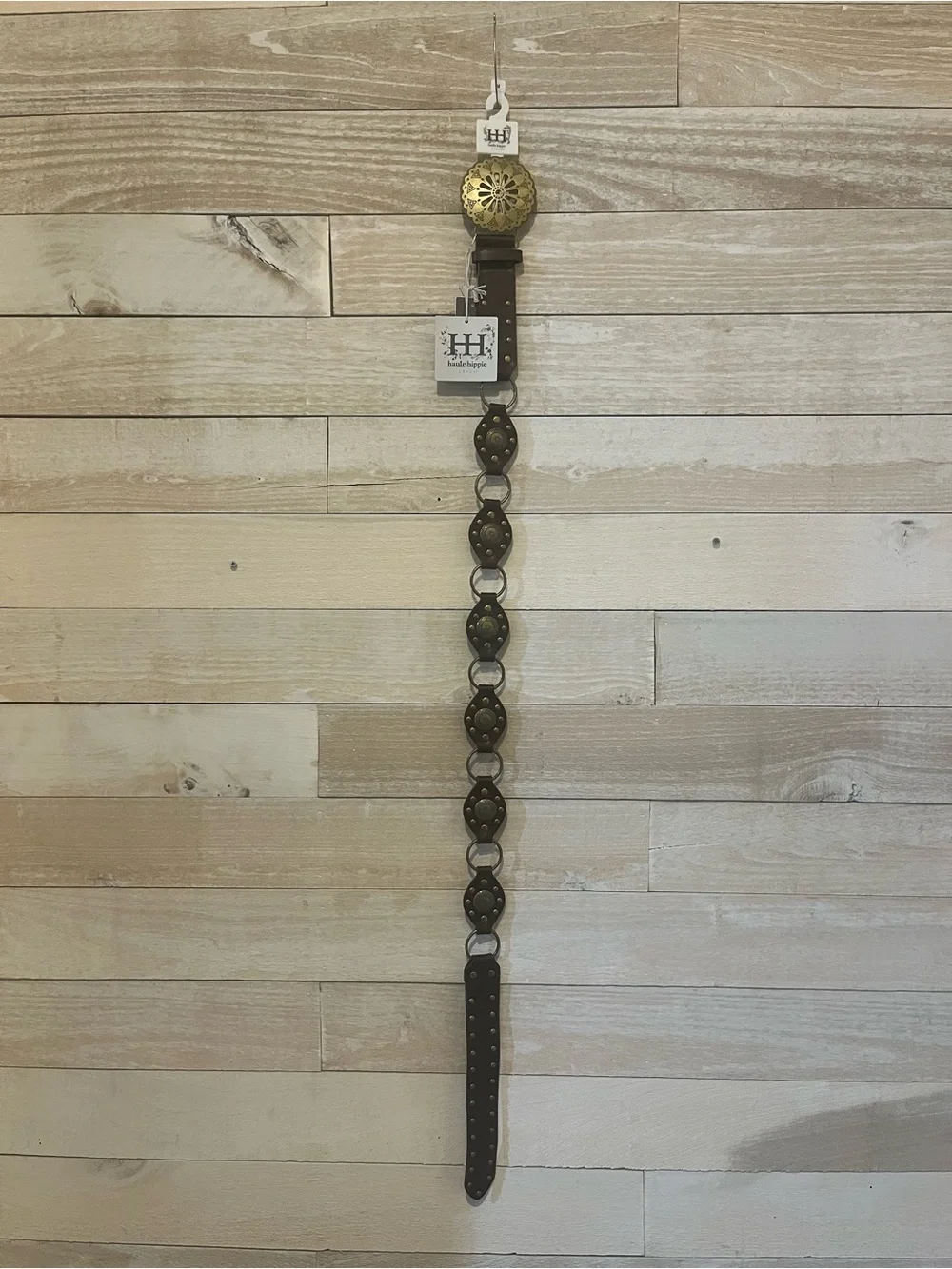Haute Hippie Dark Brown Leather Belt with Antique Brass Medallion Buckles Size M